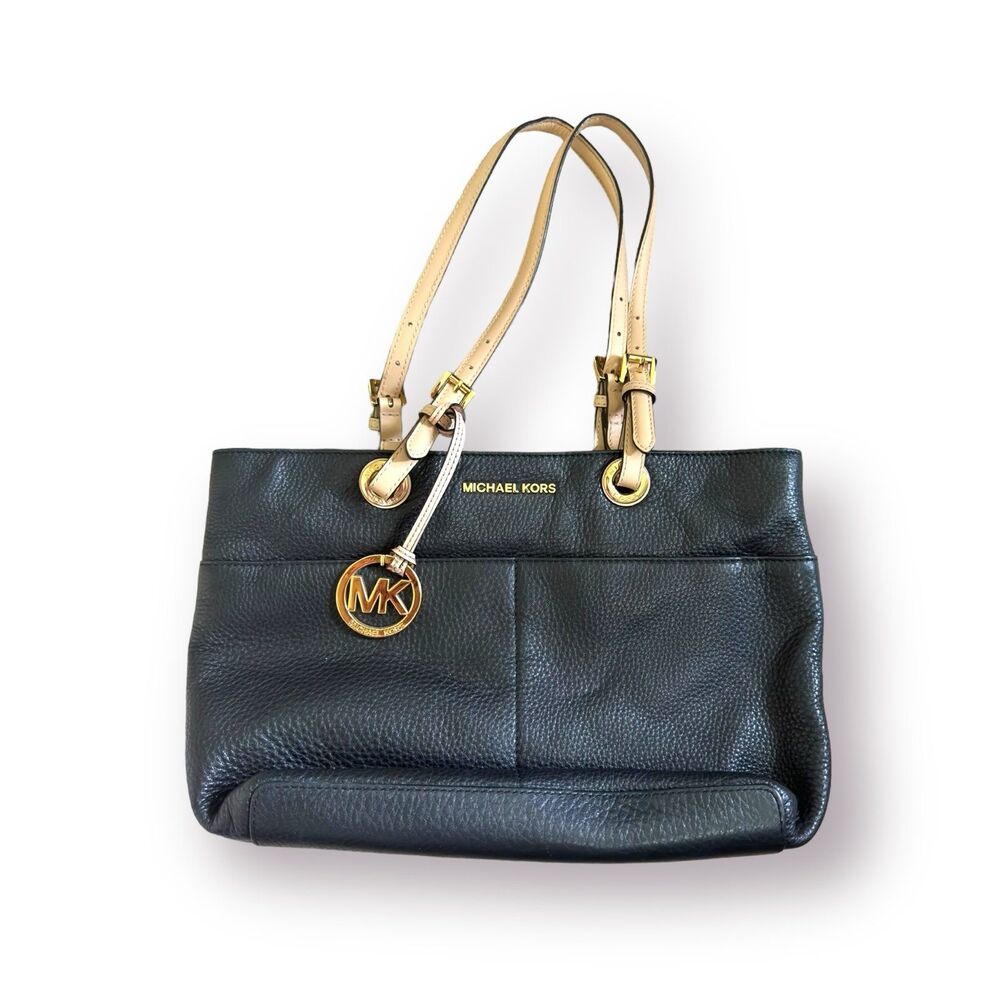 Michael Kors Jet Set Black Pebble Leather Zip Tote‎ Purse Large Shoulder Bag